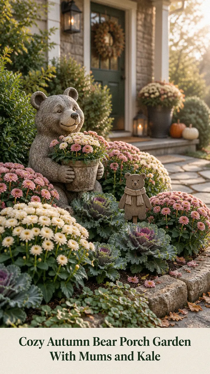 Cozy Autumn Bear Porch Garden With Mums and Kale