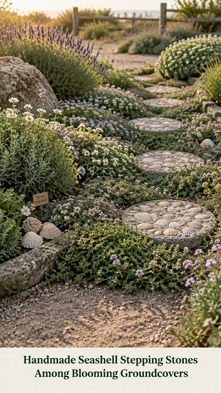 Handmade Seashell Stepping Stones Among Blooming Groundcovers