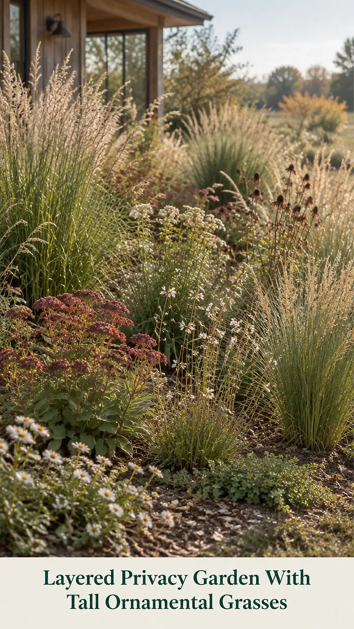 Layered Privacy Garden With Tall Ornamental Grasses