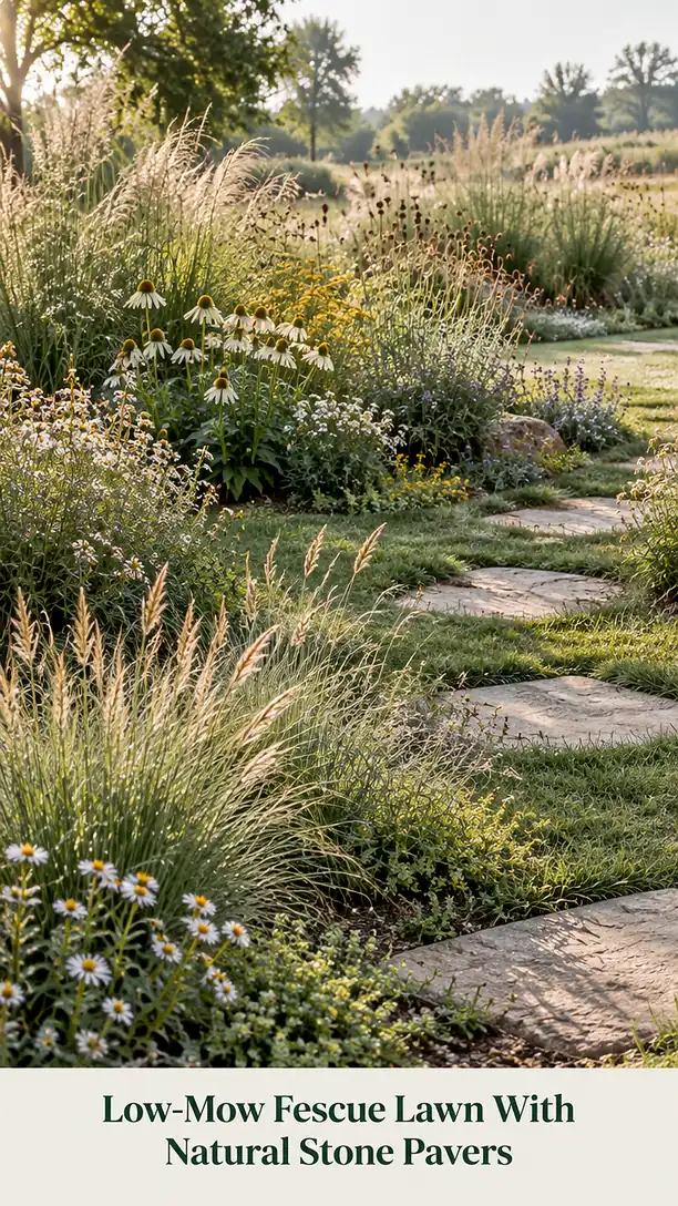 Low-Mow Fescue Lawn With Natural Stone Pavers
