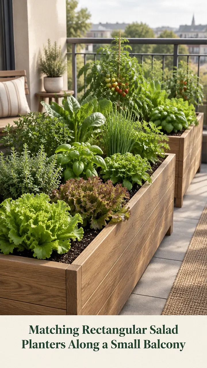 Matching Rectangular Salad Planters Along a Small Balcony