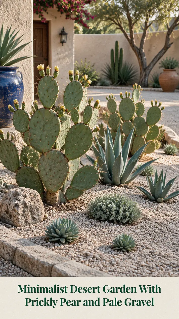 Minimalist Desert Garden With Prickly Pear and Pale Gravel