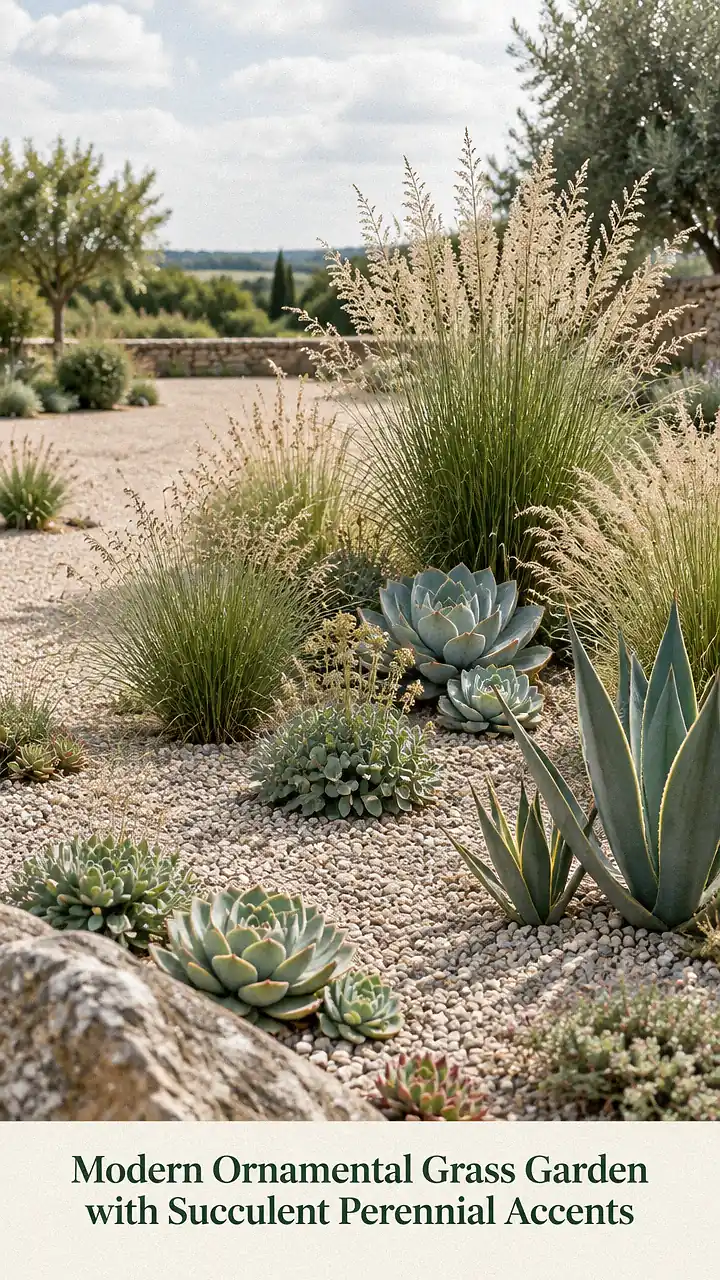 Modern Ornamental Grass Garden with Succulent Perennial Accents