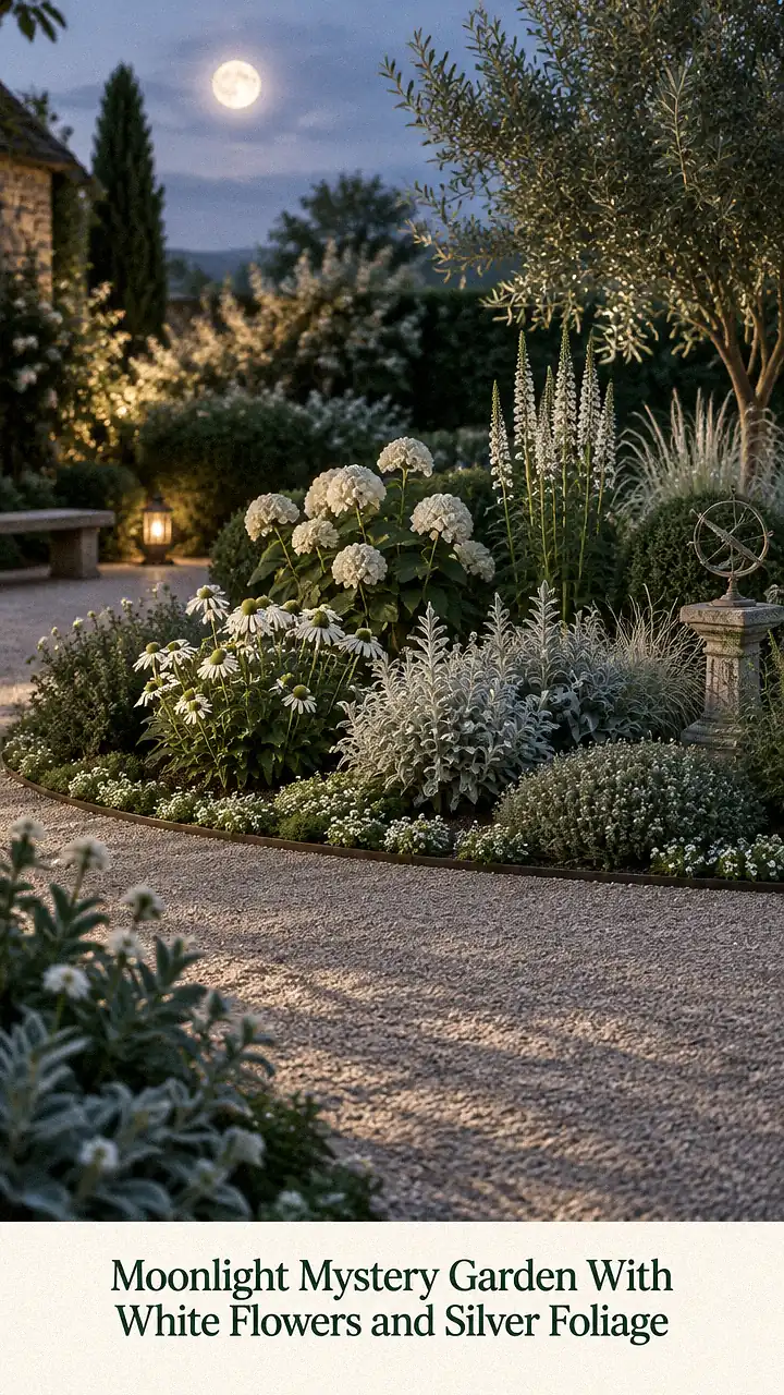 Moonlight Mystery Garden With White Flowers and Silver Foliage
