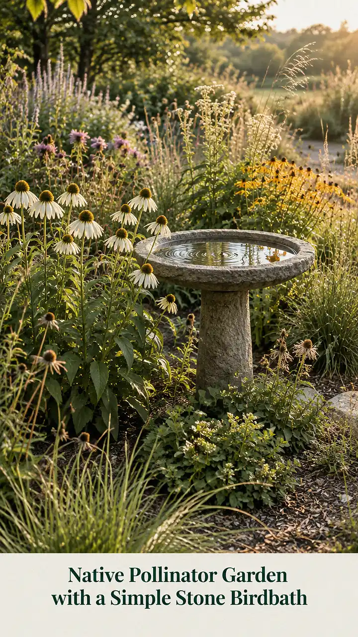 Native Pollinator Garden with a Simple Stone Birdbath
