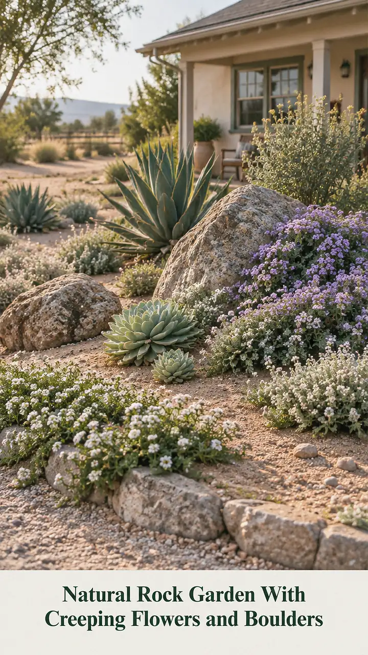 Natural Rock Garden With Creeping Flowers and Boulders