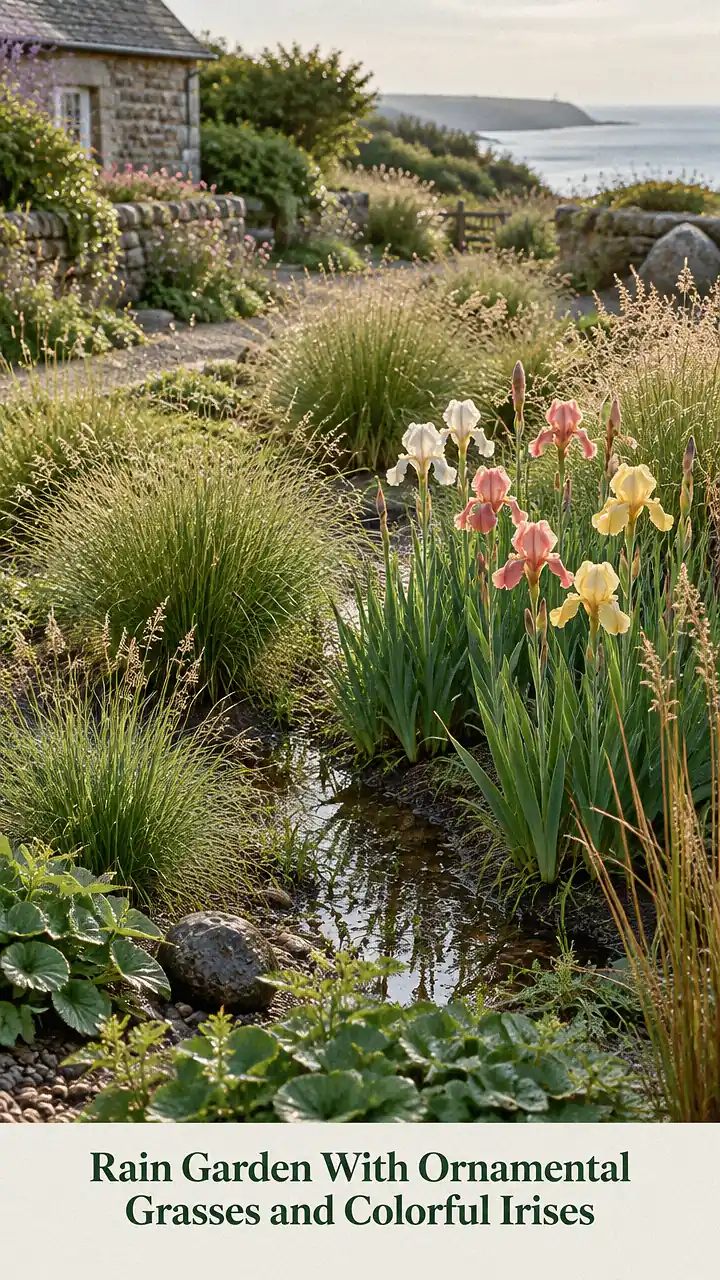 Rain Garden With Ornamental Grasses and Colorful Irises