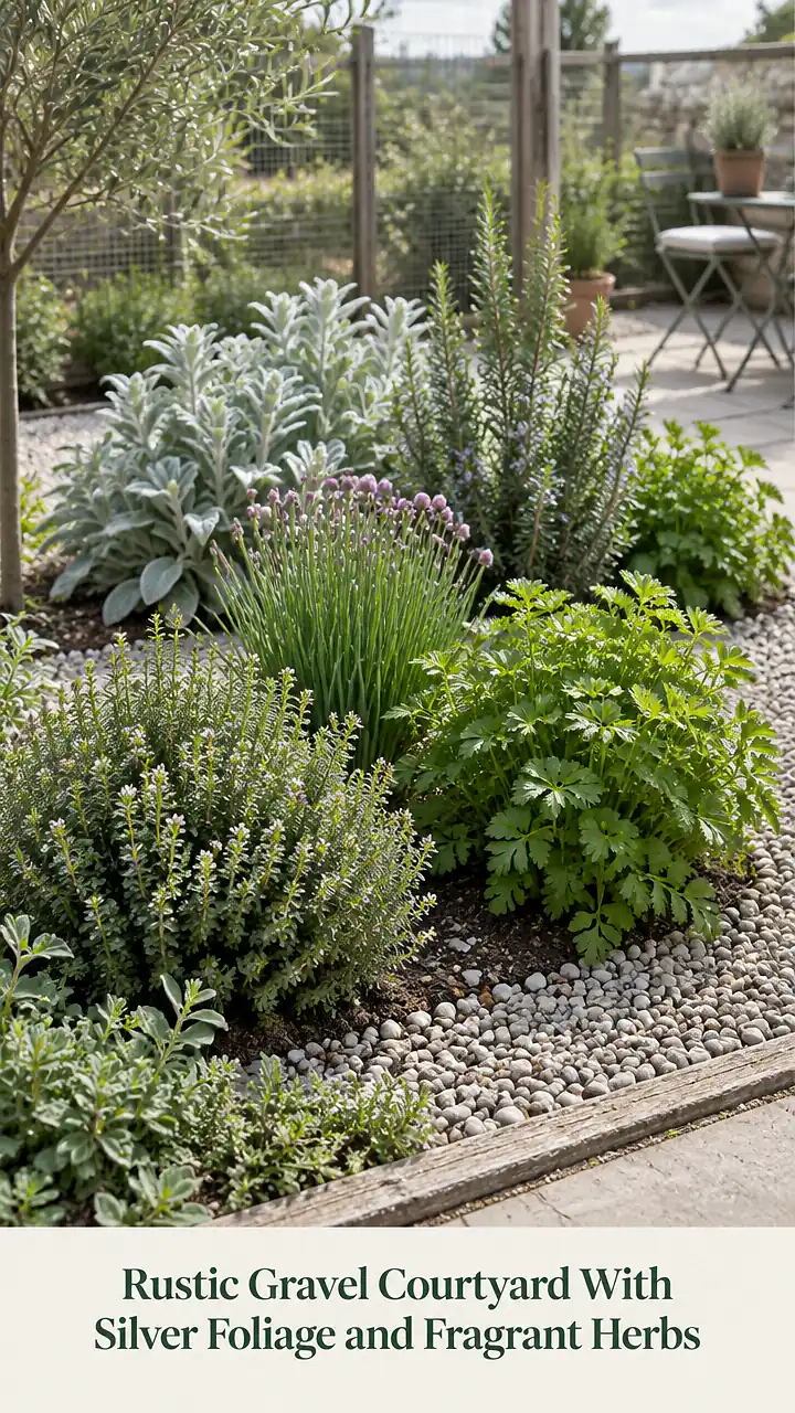 Rustic Gravel Courtyard With Silver Foliage and Fragrant Herbs
