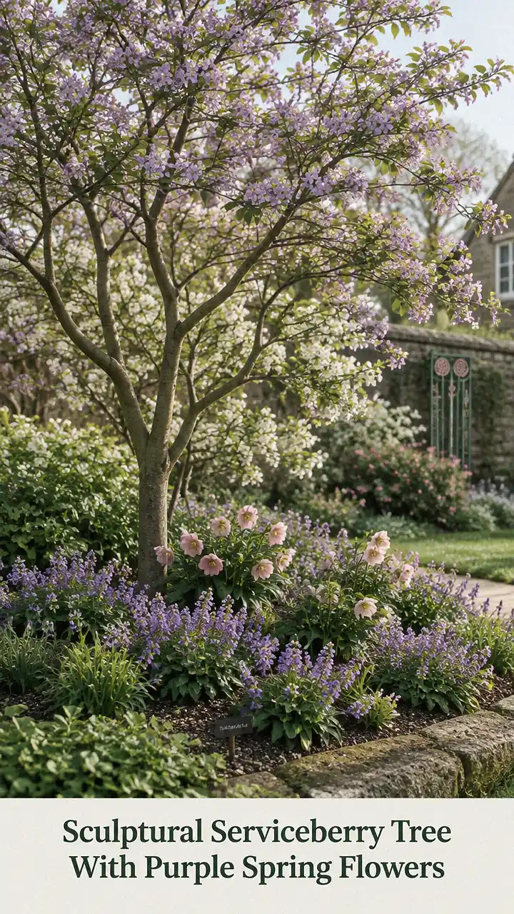 Sculptural Serviceberry Tree With Purple Spring Flowers
