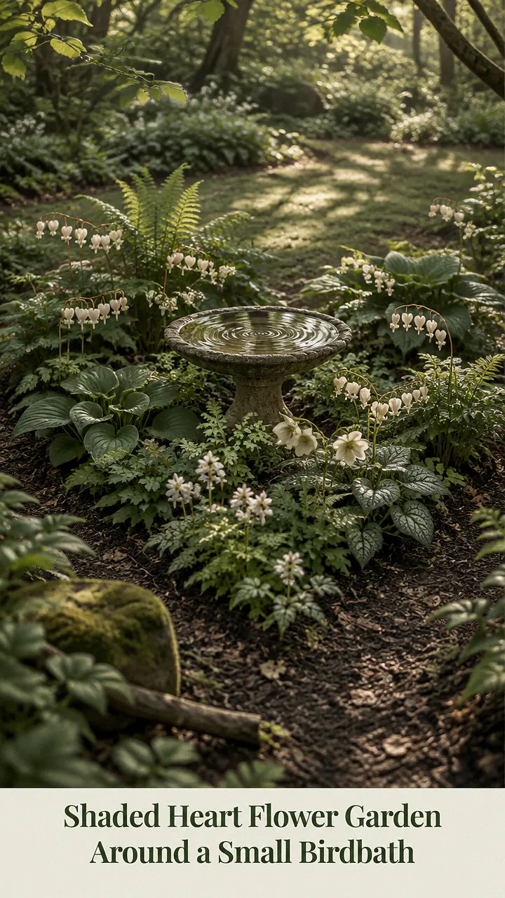 Shaded Heart Flower Garden Around a Small Birdbath