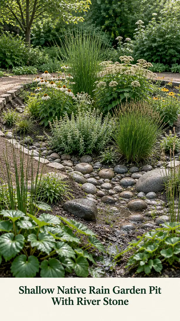 Shallow Native Rain Garden Pit With River Stone