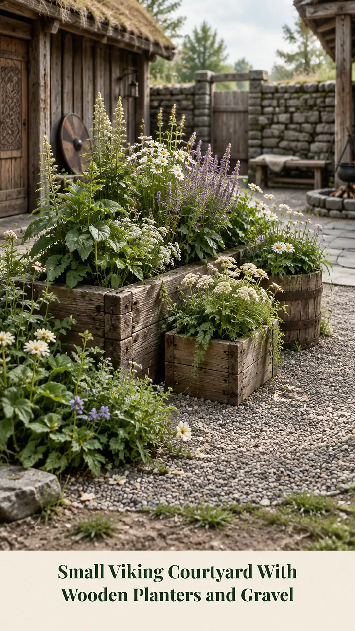 Small Viking Courtyard With Wooden Planters and Gravel