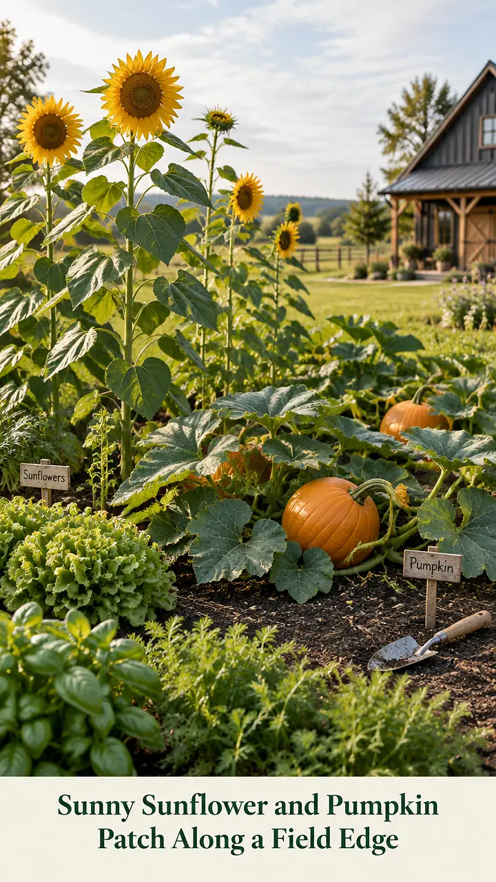 Sunny Sunflower and Pumpkin Patch Along a Field Edge