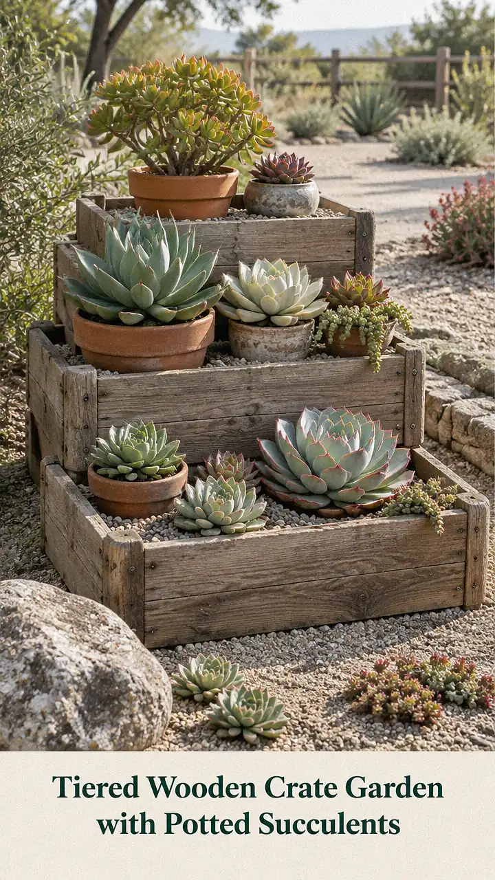 Tiered Wooden Crate Garden with Potted Succulents