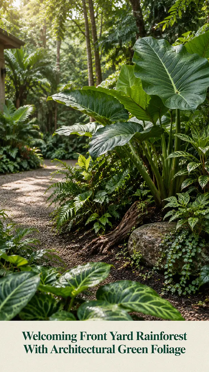 Welcoming Front Yard Rainforest With Architectural Green Foliage