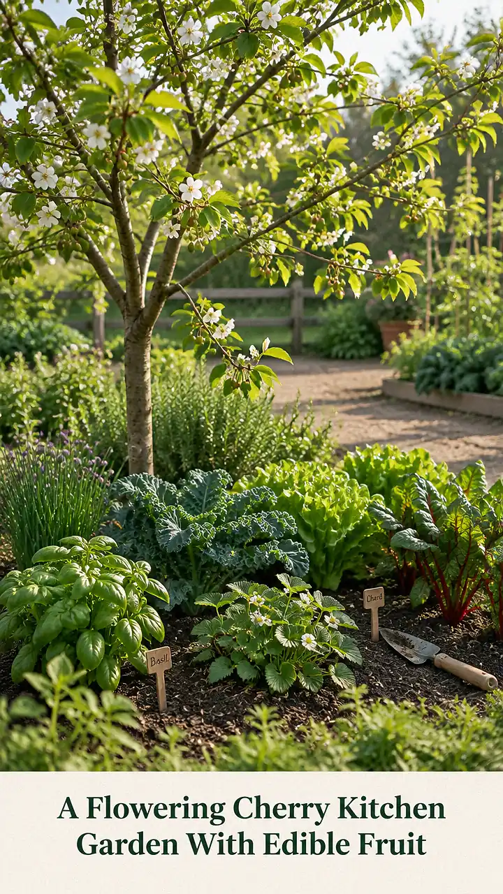 A Flowering Cherry Kitchen Garden With Edible Fruit