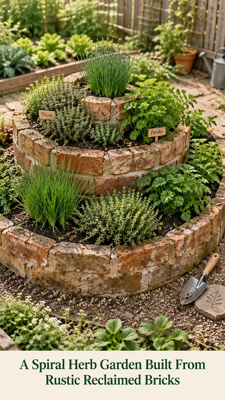 A Spiral Herb Garden Built From Rustic Reclaimed Bricks