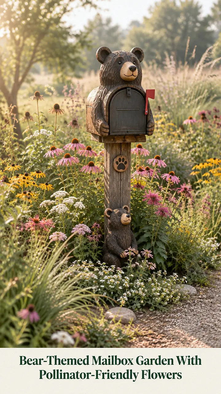 Bear-Themed Mailbox Garden With Pollinator-Friendly Flowers