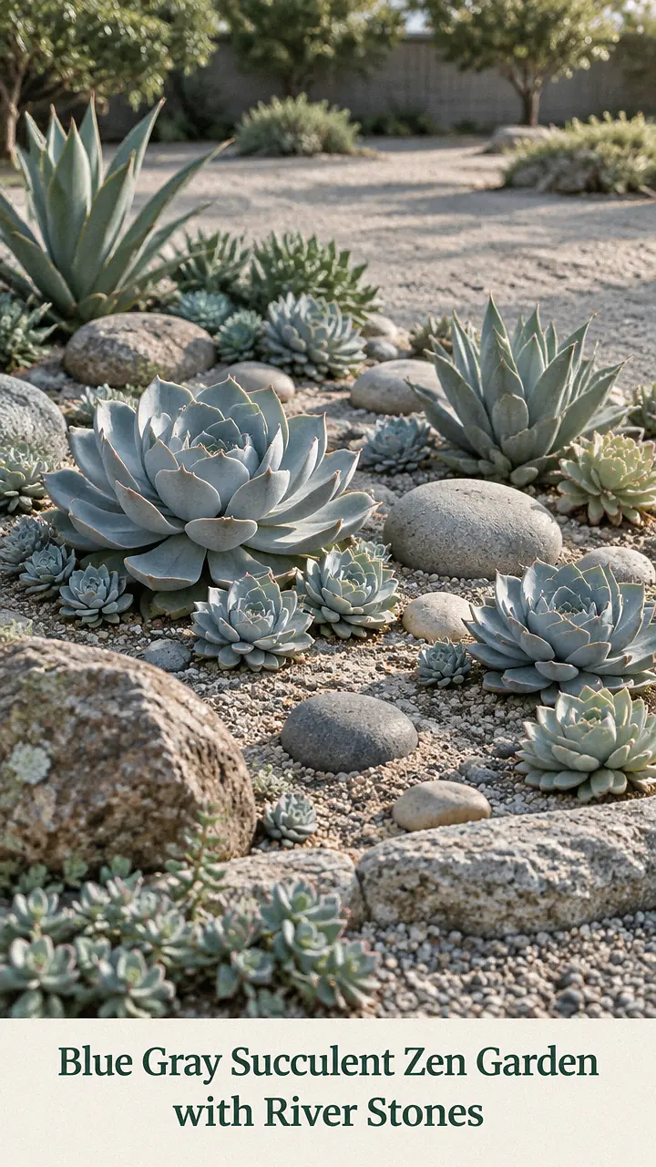 Blue Gray Succulent Zen Garden with River Stones