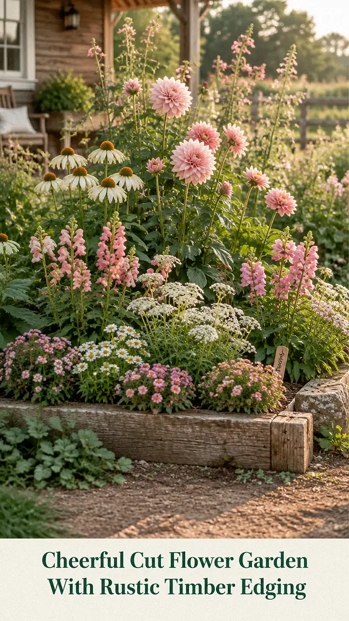 Cheerful Cut Flower Garden With Rustic Timber Edging