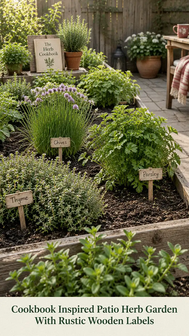 Cookbook Inspired Patio Herb Garden With Rustic Wooden Labels