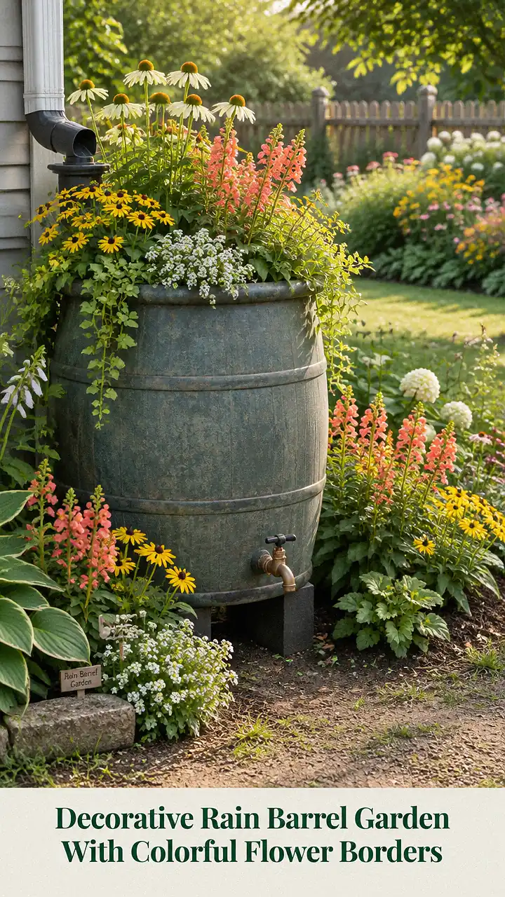 Decorative Rain Barrel Garden With Colorful Flower Borders