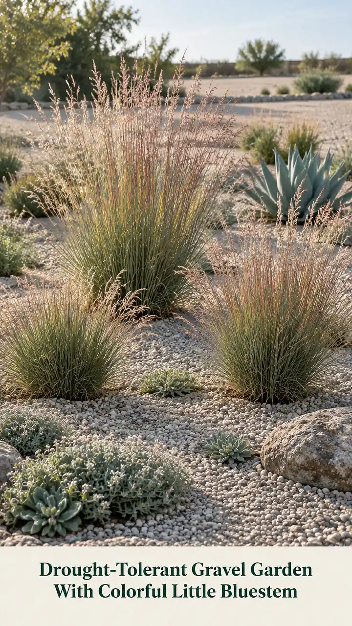Drought-Tolerant Gravel Garden With Colorful Little Bluestem