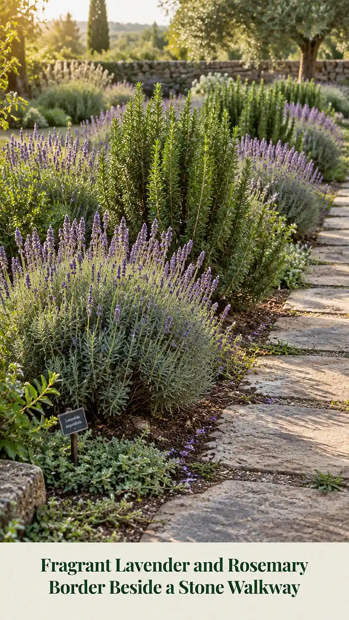 Fragrant Lavender and Rosemary Border Beside a Stone Walkway