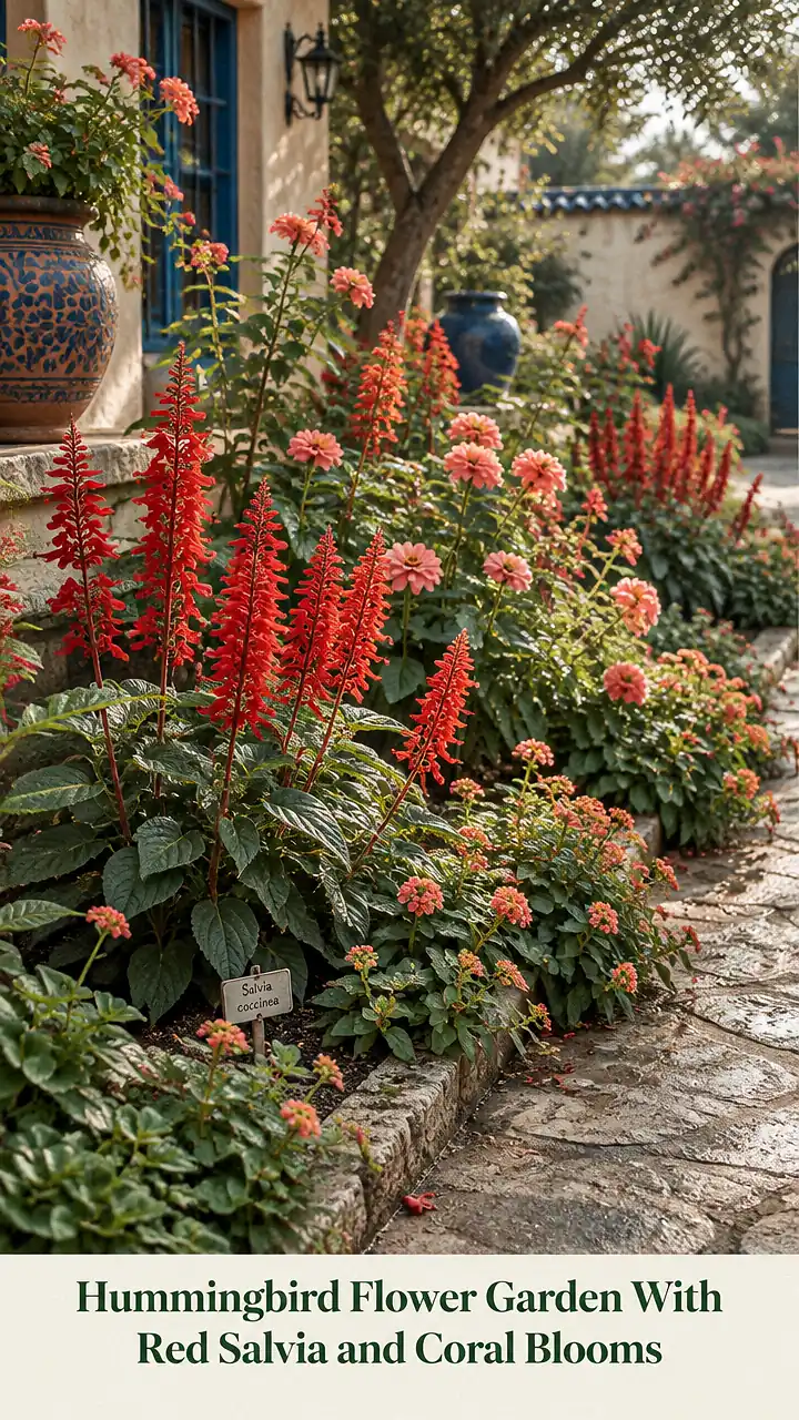 Hummingbird Flower Garden With Red Salvia and Coral Blooms
