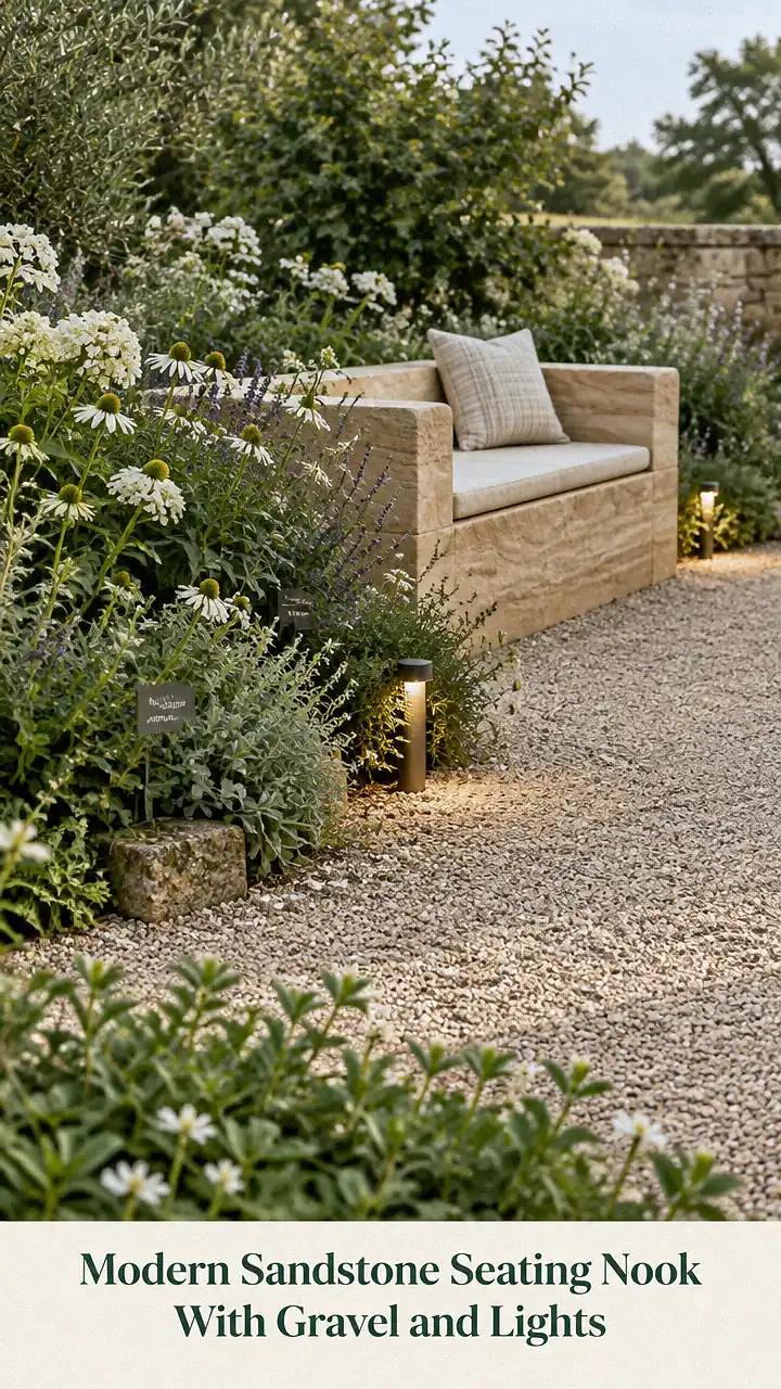 Modern Sandstone Seating Nook With Gravel and Lights