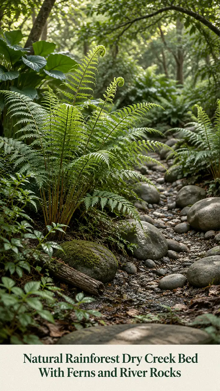 Natural Rainforest Dry Creek Bed With Ferns and River Rocks