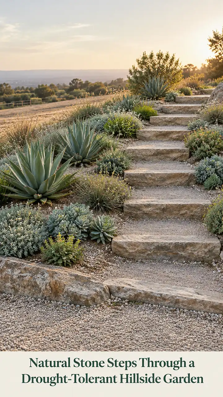 Natural Stone Steps Through a Drought-Tolerant Hillside Garden