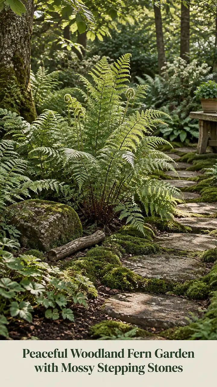 Peaceful Woodland Fern Garden with Mossy Stepping Stones
