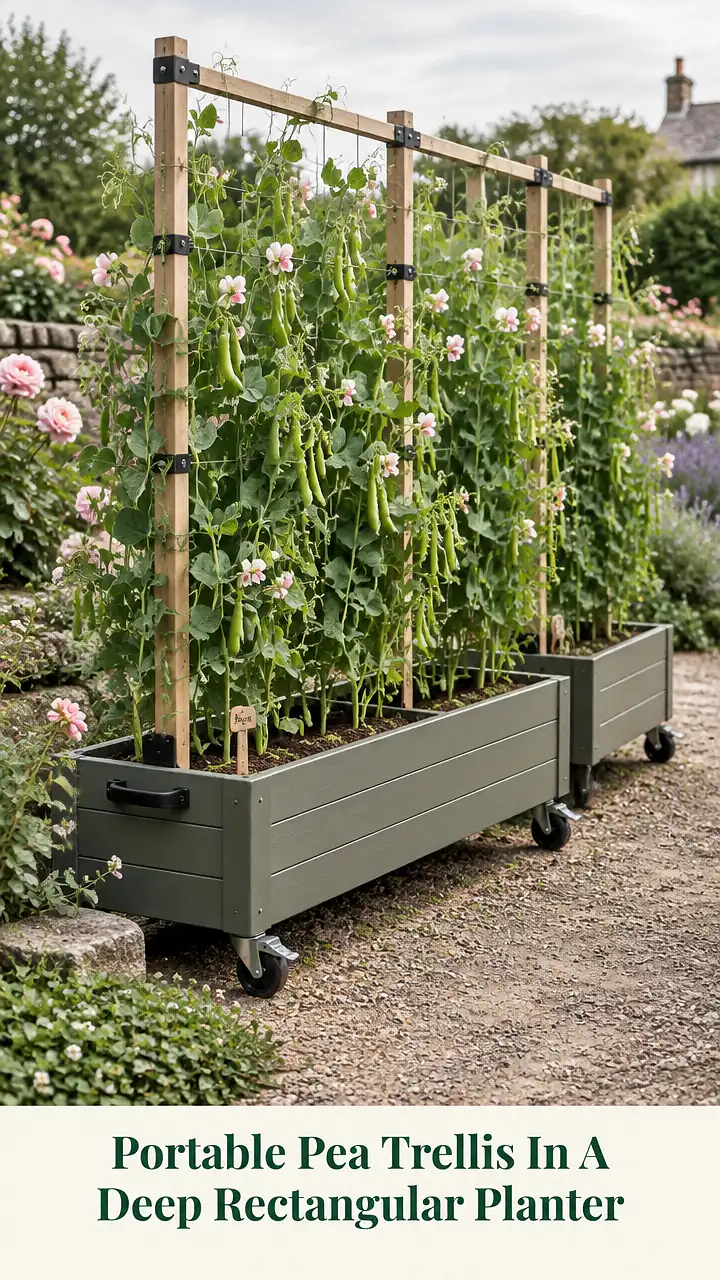 Portable Pea Trellis In A Deep Rectangular Planter