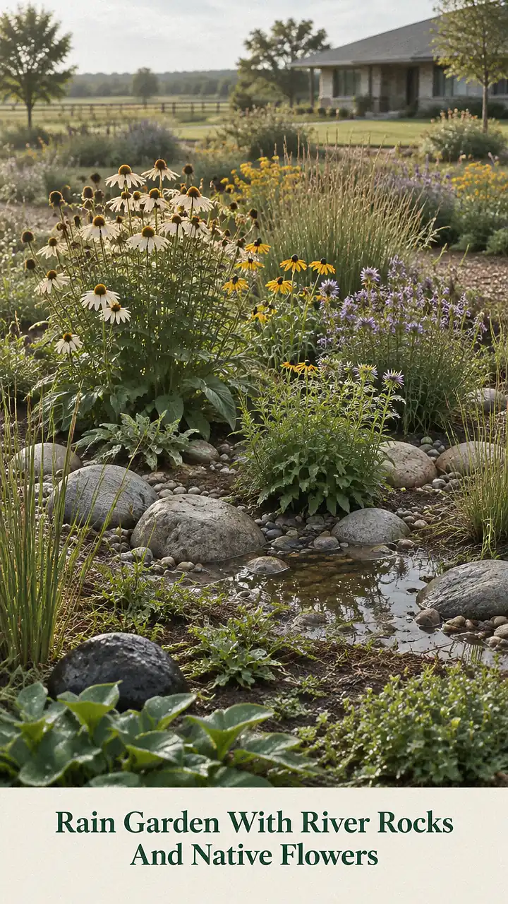 Rain Garden With River Rocks And Native Flowers