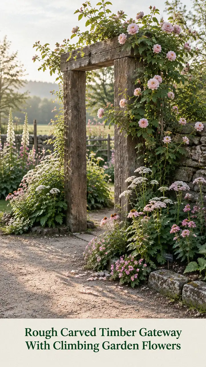 Rough Carved Timber Gateway With Climbing Garden Flowers