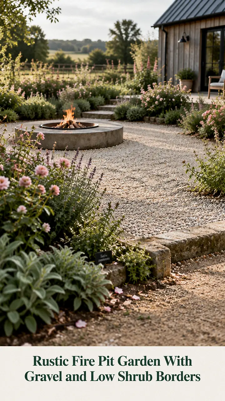 Rustic Fire Pit Garden With Gravel and Low Shrub Borders