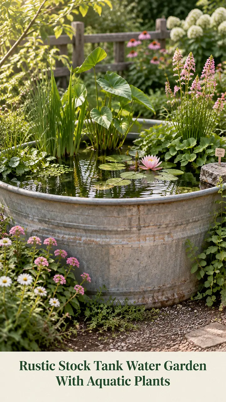 Rustic Stock Tank Water Garden With Aquatic Plants