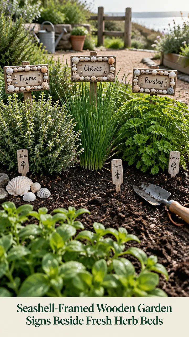 Seashell-Framed Wooden Garden Signs Beside Fresh Herb Beds