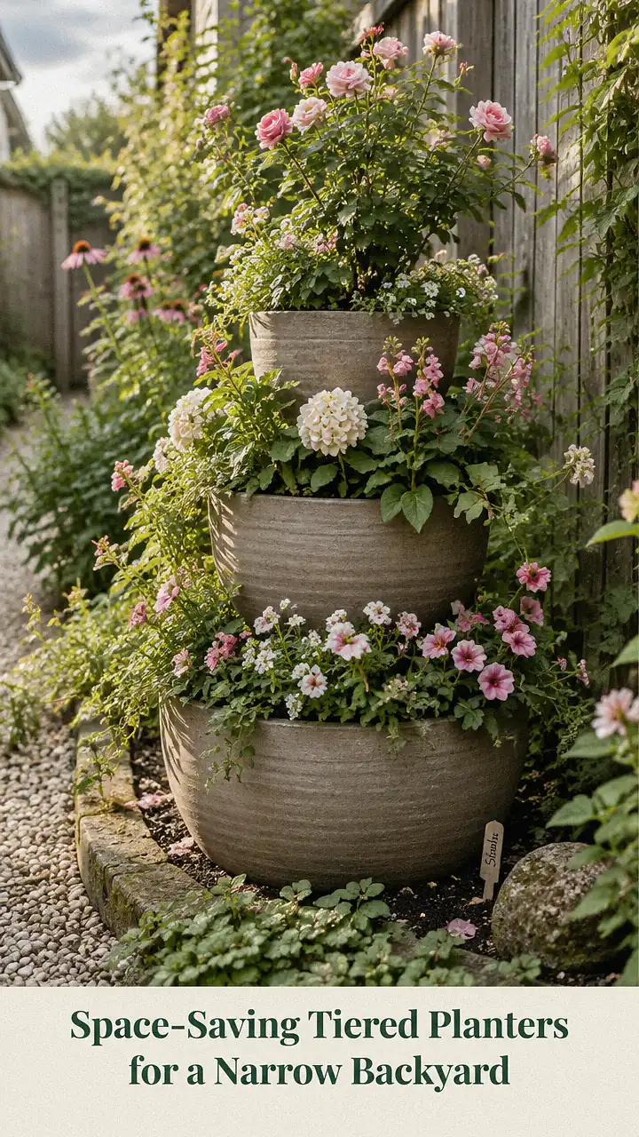 Space-Saving Tiered Planters for a Narrow Backyard