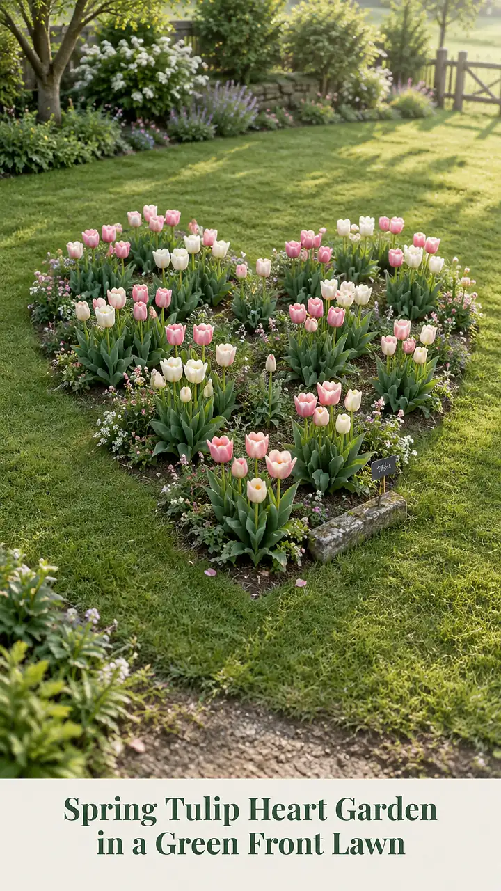 Spring Tulip Heart Garden in a Green Front Lawn