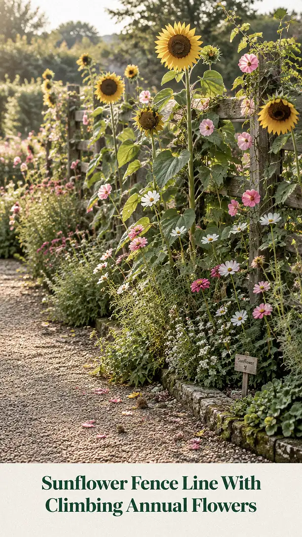 Sunflower Fence Line With Climbing Annual Flowers