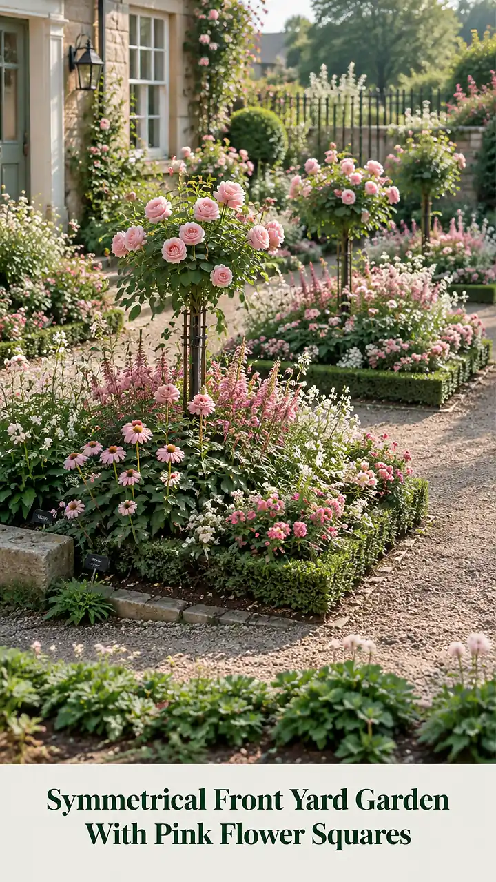 Symmetrical Front Yard Garden With Pink Flower Squares
