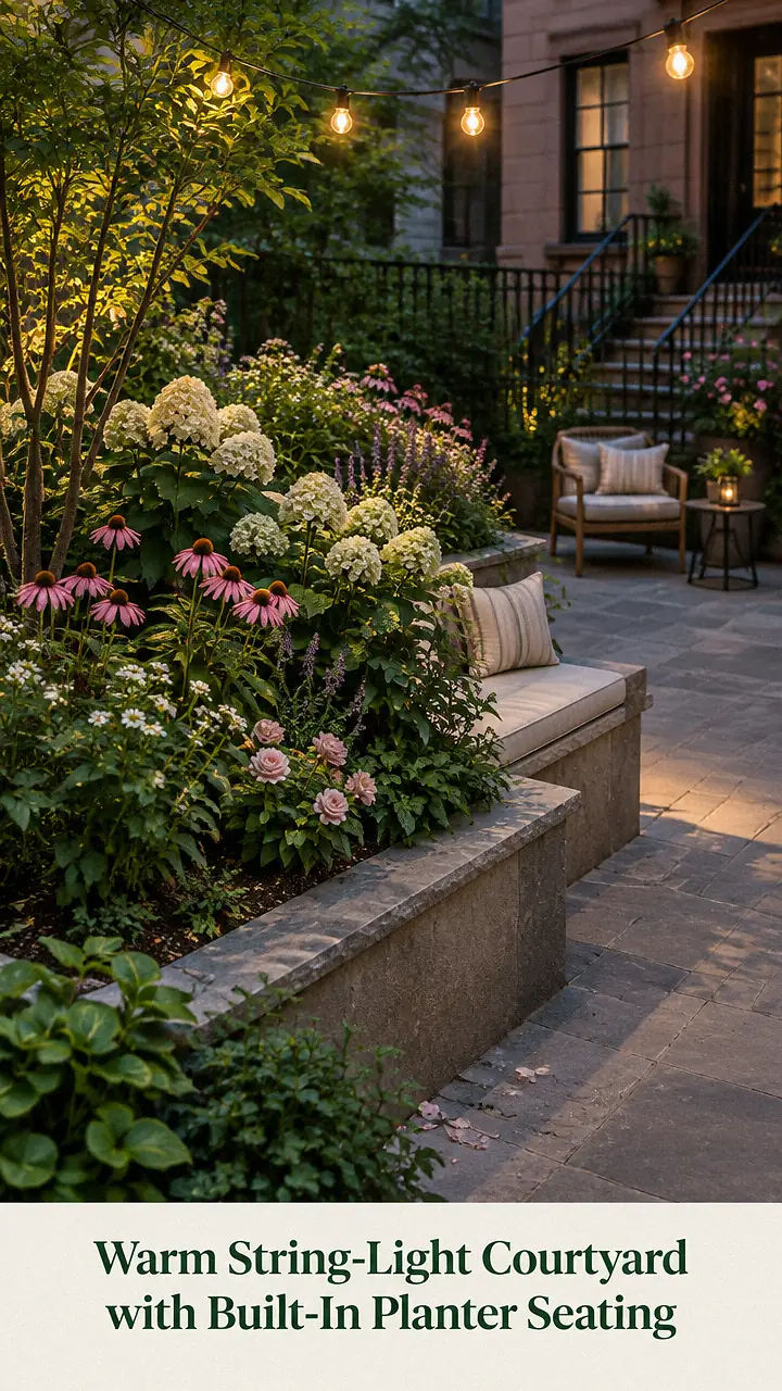 Warm String-Light Courtyard with Built-In Planter Seating