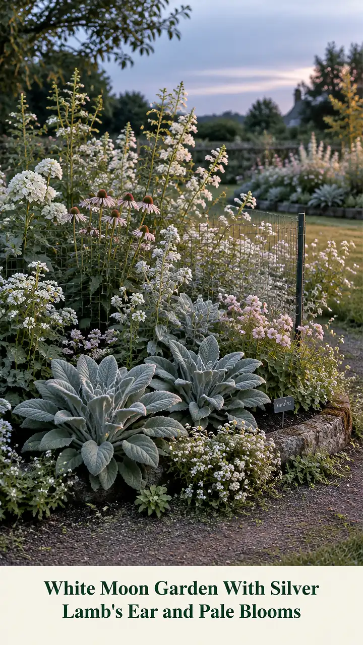White Moon Garden With Silver Lamb's Ear and Pale Blooms