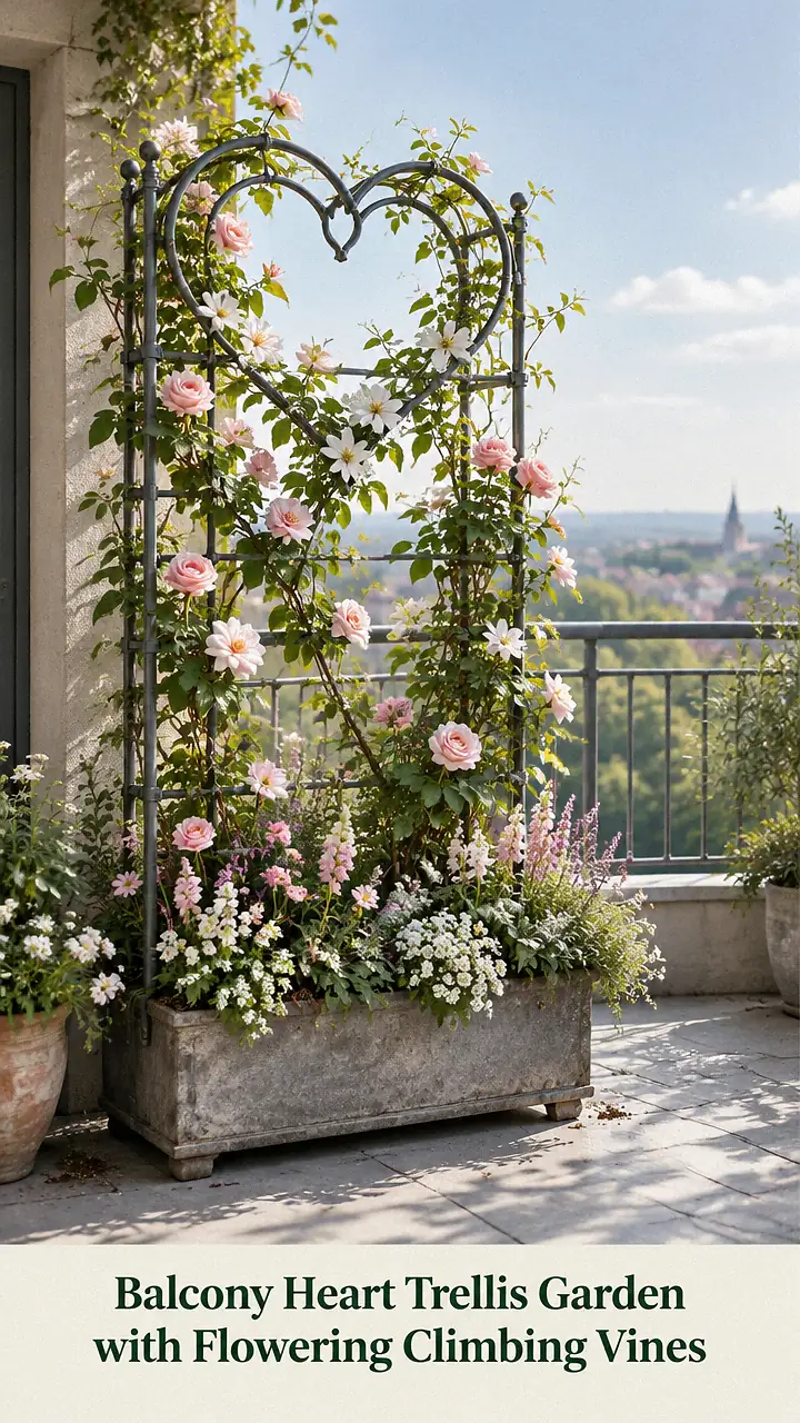 Balcony Heart Trellis Garden with Flowering Climbing Vines