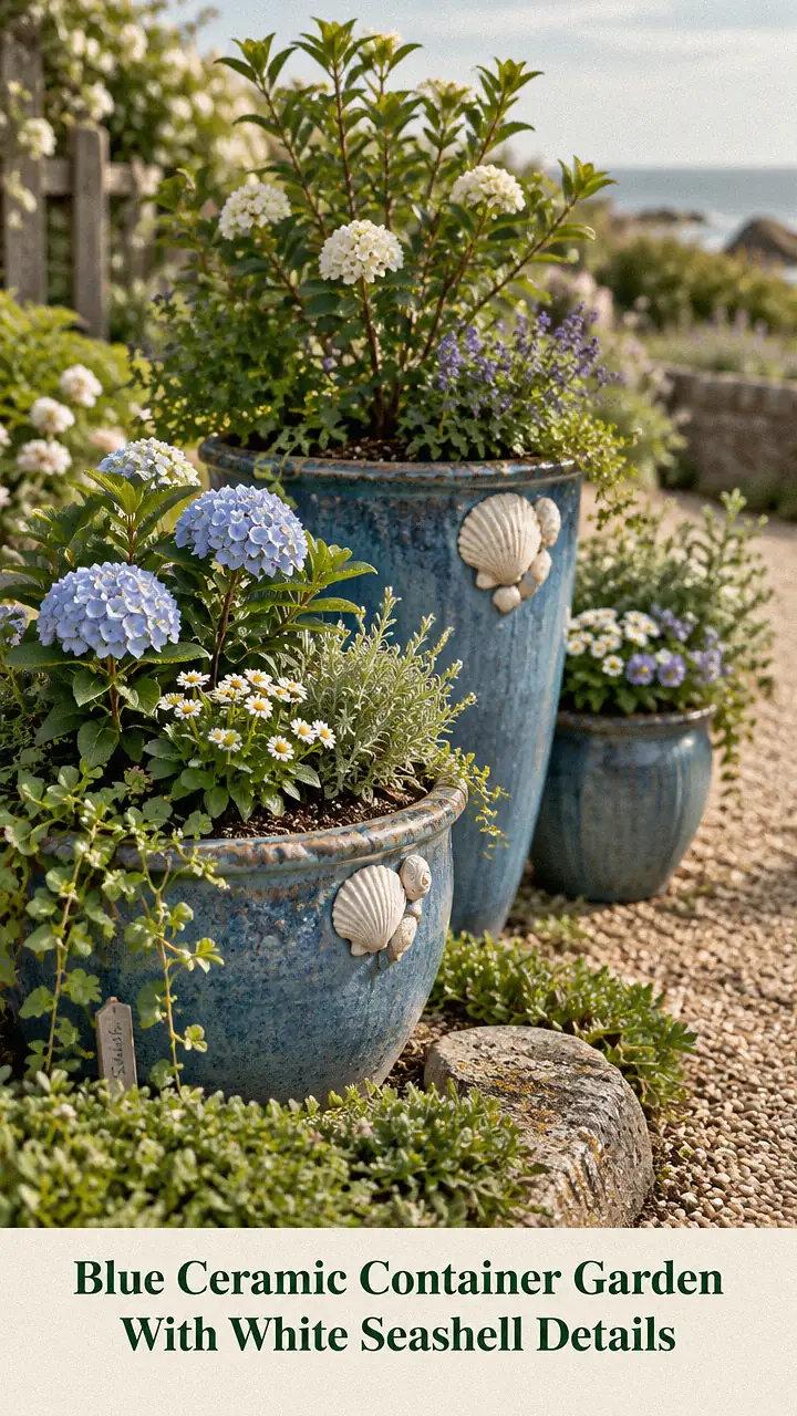 Blue Ceramic Container Garden With White Seashell Details