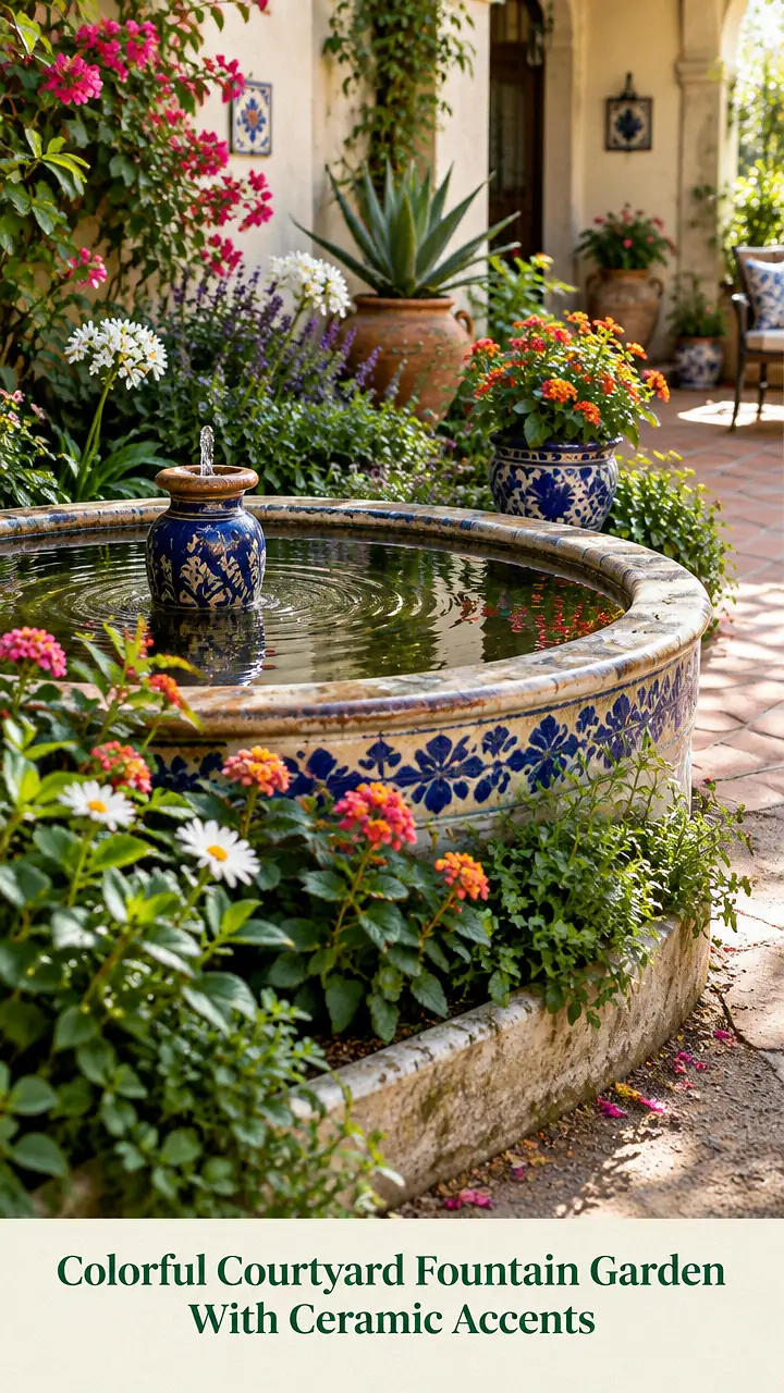 Colorful Courtyard Fountain Garden With Ceramic Accents