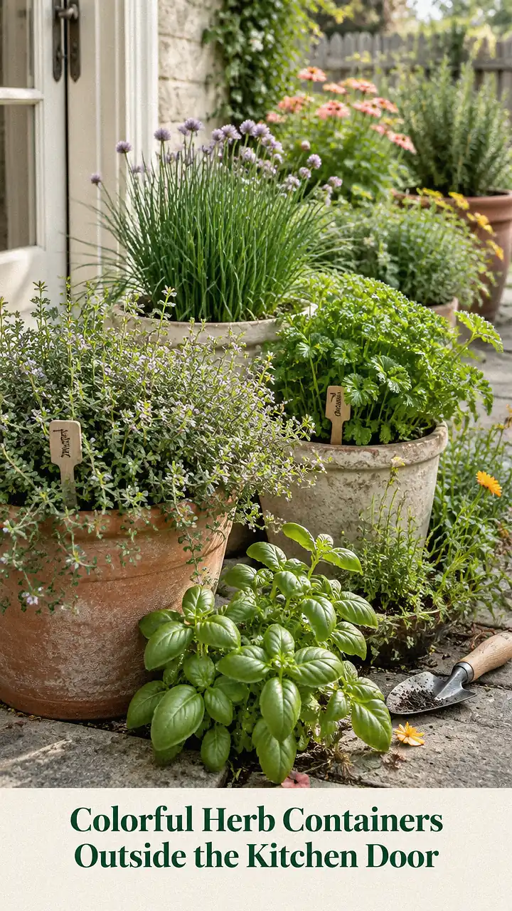 Colorful Herb Containers Outside the Kitchen Door