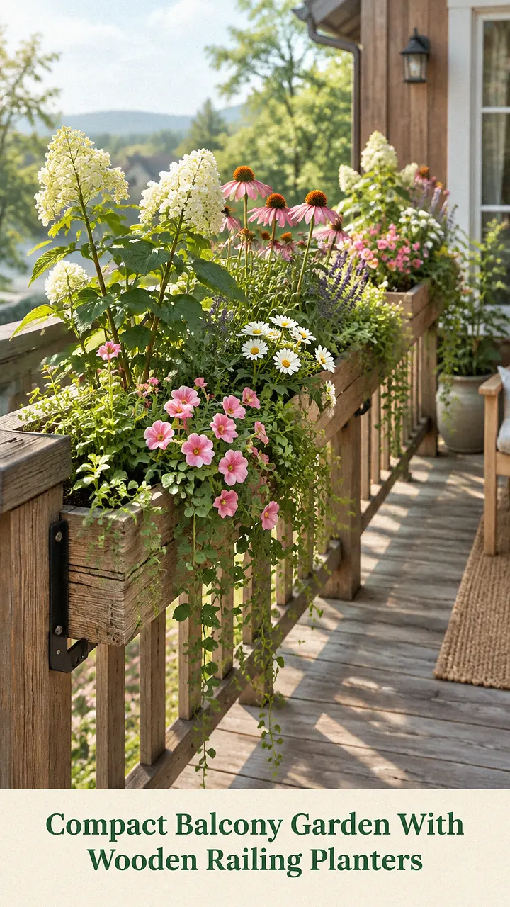 Compact Balcony Garden With Wooden Railing Planters